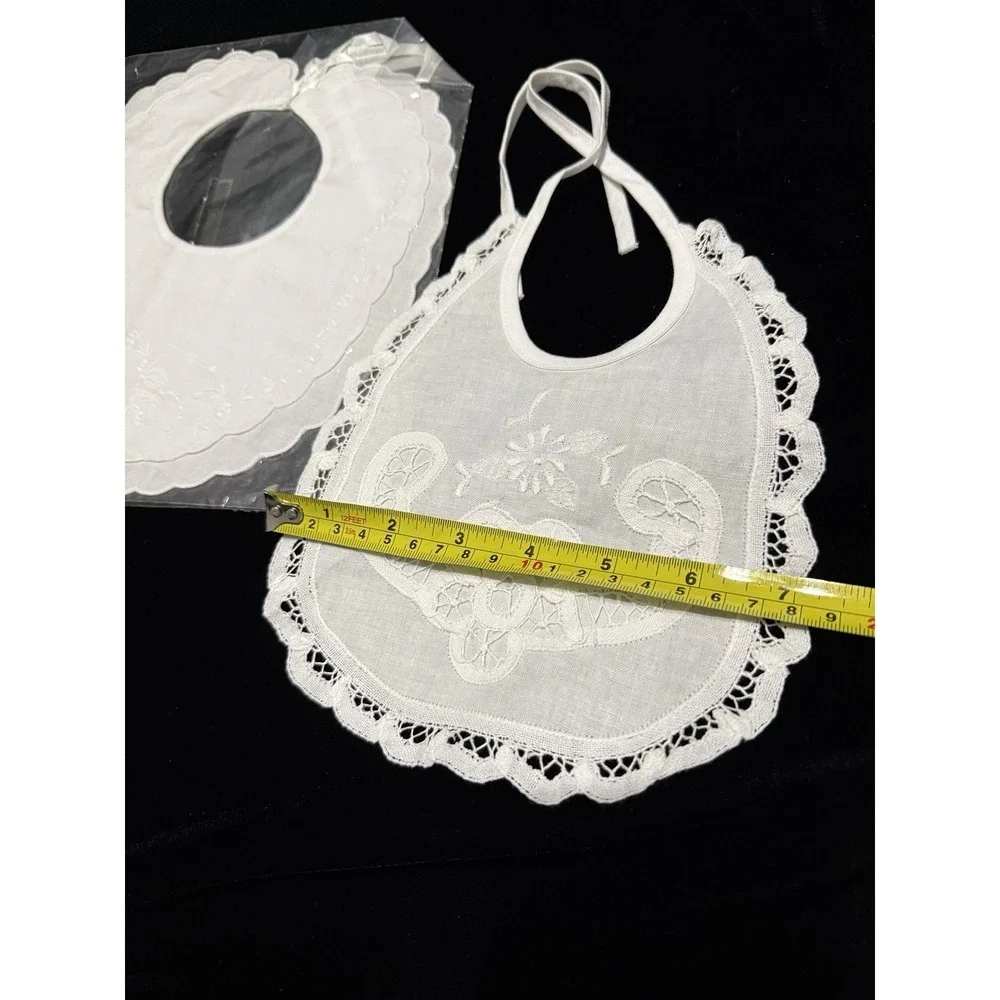 Lot of 3 New VTG White Floral Embroidery‎ Drawstring Doll Bibs